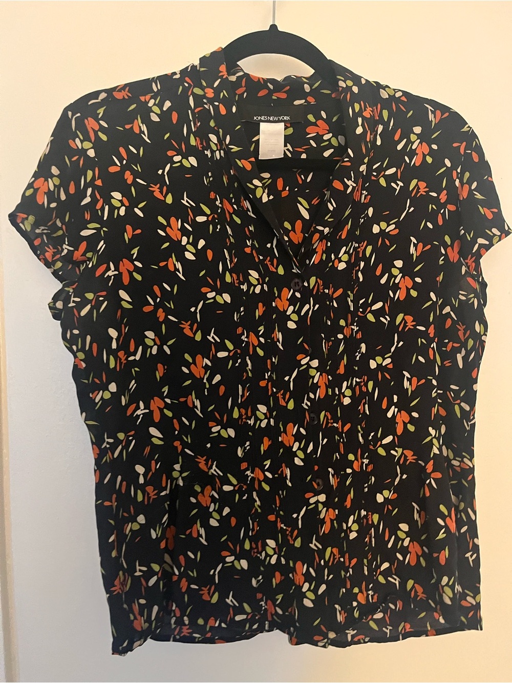 Jones New York Black Floral Button-Down Blouse with Orange & Cream Accents